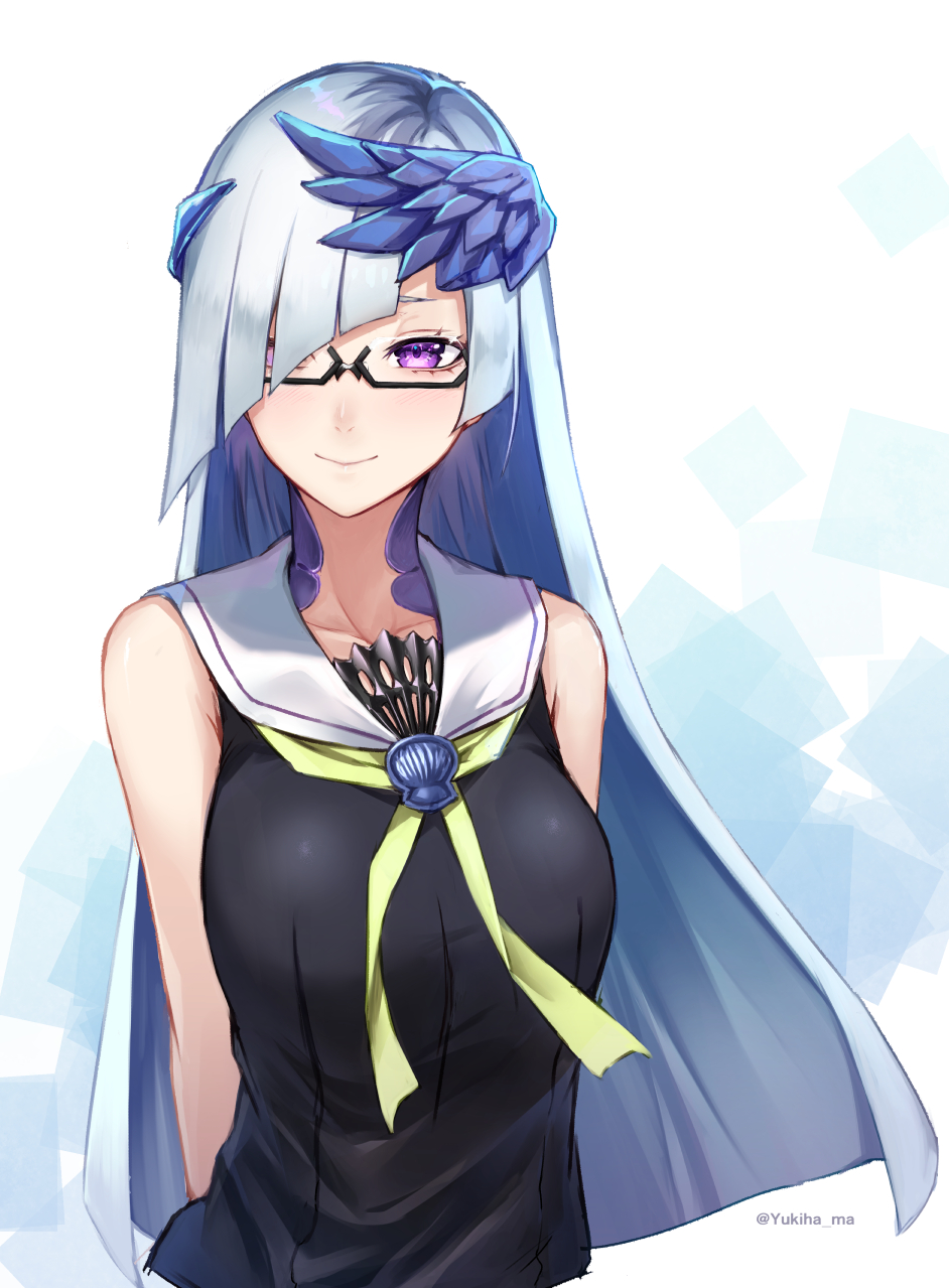 1girl arms_behind_back bangs bare_shoulders black-framed_eyewear black_dress blue_hair blue_wings blush breasts brynhildr_(fate) closed_mouth collarbone dress fate/prototype fate/prototype:_fragments_of_blue_and_silver fate_(series) feathered_wings glasses green_neckwear hair_over_one_eye head_wings highres long_hair looking_at_viewer sailor_collar sailor_dress semi-rimless_eyewear sleeveless sleeveless_dress small_breasts smile solo twitter_username under-rim_eyewear very_long_hair violet_eyes white_background white_sailor_collar wings yukihama