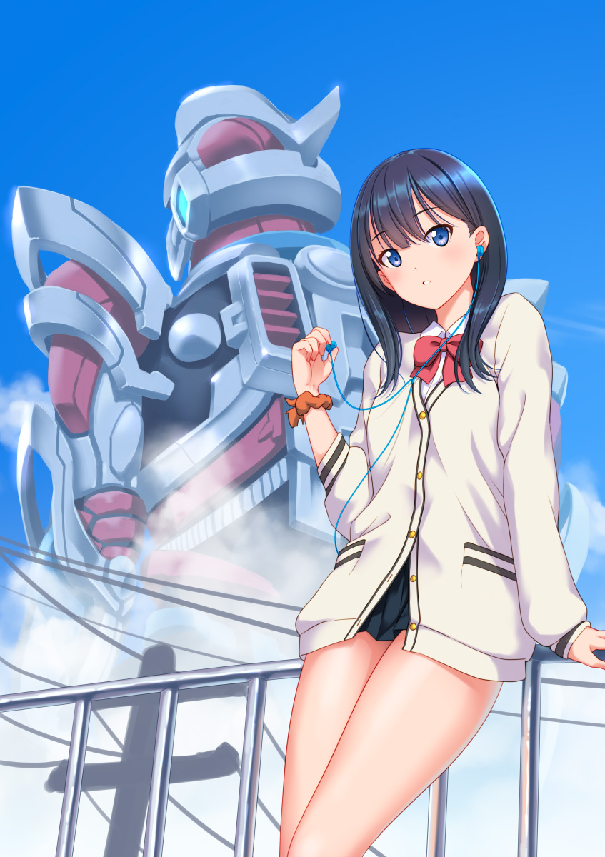 1girl bangs black_hair black_skirt blue_eyes blue_sky bow cardigan day earphones eyebrows_visible_through_hair highres jakelian leaning_on_rail long_hair long_sleeves looking_at_viewer microskirt orange_scrunchie pleated_skirt red_bow school_uniform scrunchie skirt sky solo ssss.gridman takarada_rikka white_cardigan wrist_scrunchie