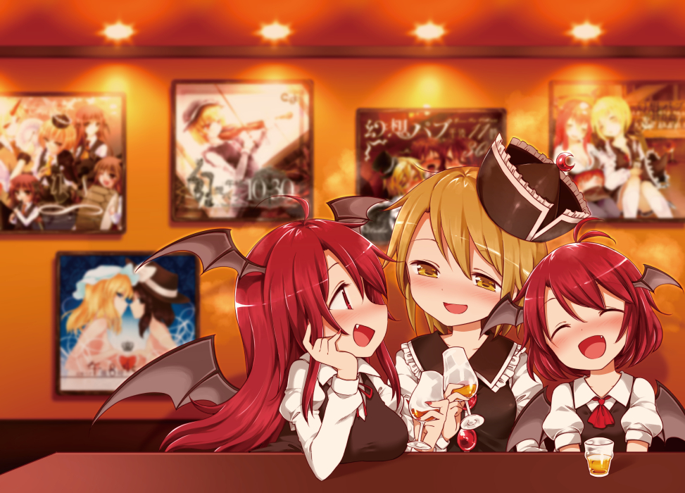 3girls ahoge ascot black_hat black_vest black_wings blonde_hair blush breast_rest breasts closed_eyes collared_shirt crescent cup demon_wings drinking_glass drunk dual_persona fang fingernails hair_between_eyes half-closed_eyes hand_up harusame_(unmei_no_ikasumi) hat head_rest head_tilt head_wings holding holding_cup indoors koakuma long_fingernails long_sleeves lunasa_prismriver medium_breasts multiple_girls nail_polish nose_blush open_mouth red_eyes red_nails red_neckwear redhead shirt smile touhou vest white_shirt wing_collar wings yellow_eyes