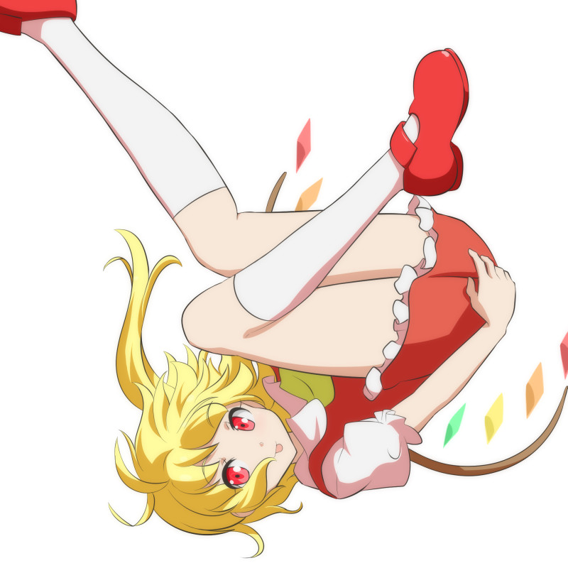 1girl :p blonde_hair cato_(monocatienus) commentary_request crystal dress flandre_scarlet frilled_dress frills hand_on_ass kneehighs leg_up looking_at_viewer puffy_short_sleeves puffy_sleeves red_dress red_eyes red_footwear shoes short_hair short_sleeves side_ponytail simple_background solo tongue tongue_out touhou upside-down white_background white_legwear wings yellow_neckwear