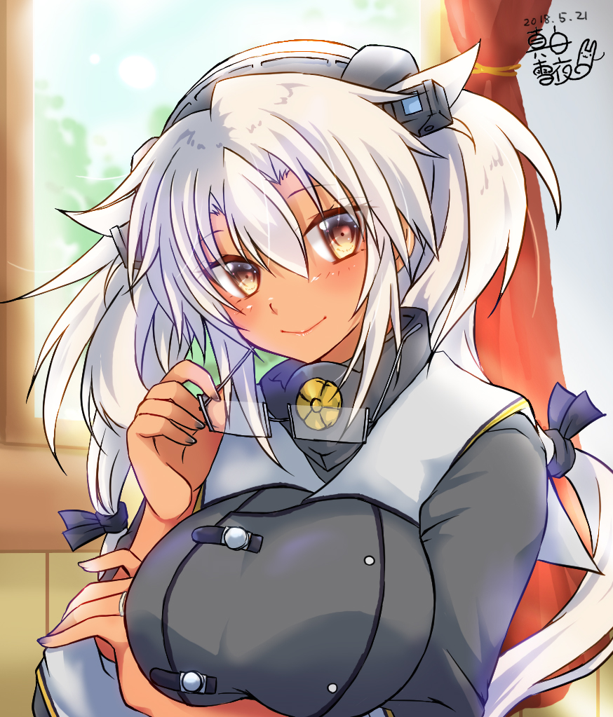0yukiya0 1girl :&gt; bangs blue_sky blush breasts brown_eyes closed_mouth commentary_request dark_skin dated day glasses gold_trim gorget grey_nails holding holding_eyewear kantai_collection kikumon large_breasts long_hair long_sleeves looking_at_viewer musashi_(kantai_collection) nail_polish rectangular_eyewear remodel_(kantai_collection) semi-rimless_eyewear signature sky smile solo tsurime upper_body white_hair
