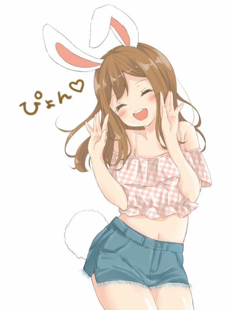 1girl :d ^_^ animal_ears bangs blush brown_hair bunny_tail closed_eyes closed_eyes crop_top denim denim_skirt frills hands_up kemonomimi_mode kunikida_hanamaru long_hair love_live! love_live!_sunshine!! mikujin_(mikuzin24) miniskirt navel open_mouth plaid rabbit_ears side_slit simple_background skirt smile solo spaghetti_strap tail white_background