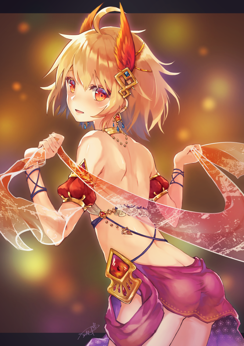 1girl ahoge blonde_hair butt_crack dancer earrings fantasy feathers gem gold jewelry looking_at_viewer looking_back natsutomoki orange_eyes original parted_lips revealing_clothes see-through short_hair smile