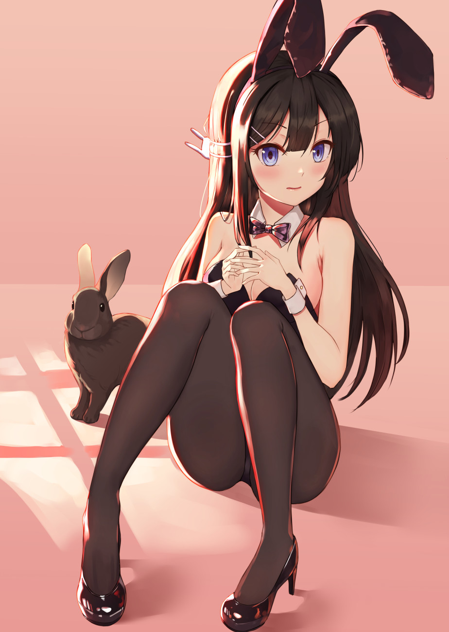 1girl animal_ears bare_shoulders black_hair black_legwear blush breasts bunny_hair_ornament bunnysuit cleavage cuffs detached_collar eyebrows_visible_through_hair fake_animal_ears hair_ornament hairclip hands_together high_heels highres knees_up large_breasts long_hair looking_at_viewer pantyhose rabbit rabbit_ears sakurajima_mai seishun_buta_yarou sitting_on_floor solo window_shade yiku_(sim7368)