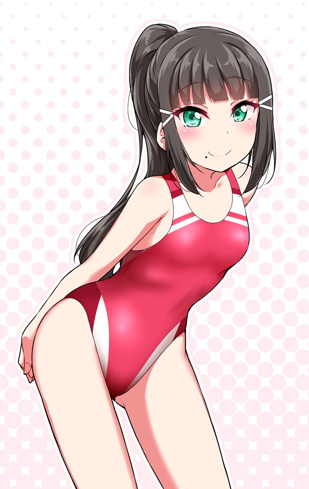 1girl alternate_hairstyle arms_at_sides bangs black_hair blunt_bangs blush breasts collarbone commentary_request green_eyes hair_ornament hairclip halftone halftone_background kurosawa_dia leaning_forward long_hair love_live! love_live!_sunshine!! mole mole_under_mouth one-piece_swimsuit ponytail red_swimsuit sidelocks small_breasts smile solo swimsuit yopparai_oni