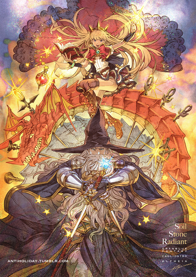 aletheia_(granblue_fantasy) antiholiday armor blonde_hair blue_eyes book boots cagliostro_(granblue_fantasy) cape crown gem granblue_fantasy holding holding_weapon jewelry long_beard long_hair magic ouroboros_(granblue_fantasy) panties pointy_hat potion ribbon robe skirt sword underwear weapon white_hair