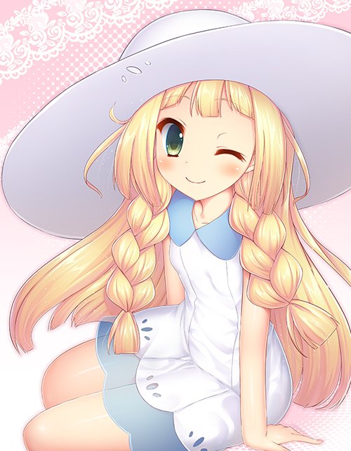 1girl blonde_hair braid closed_mouth creatures_(company) dress game_freak green_eyes hat lillie_(pokemon) long_hair murano nintendo one_eye_closed pokemon pokemon_(game) pokemon_sm sitting sleeveless sleeveless_dress smile solo sun_hat twin_braids white_dress white_hat