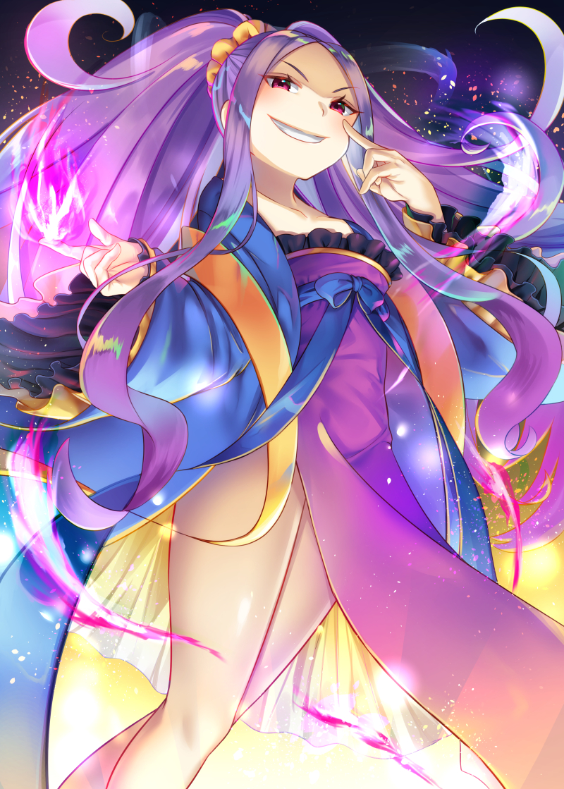 1girl blue_ribbon chinese_clothes commentary_request fate/grand_order fate_(series) gakuon_(gakuto) grin hair_ornament hair_scrunchie long_hair long_sleeves looking_at_viewer pantyhose pink_eyes purple_hair ribbon scrunchie smile solo wide_sleeves wu_zetian_(fate/grand_order) yellow_scrunchie