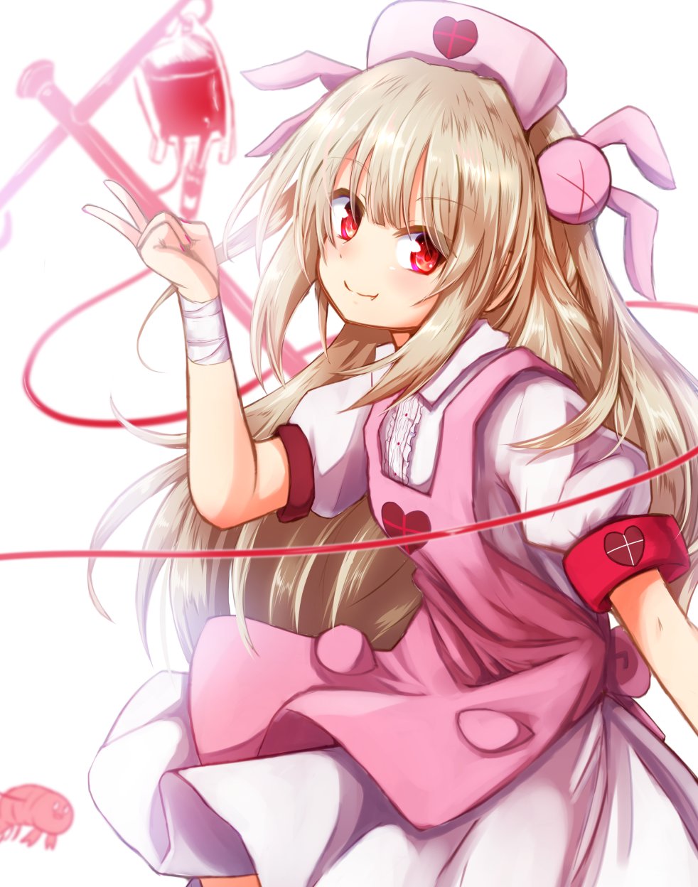 &gt;_&lt; 1girl apron arm_up armband bandage bandaged_arm bandages bangs baram blood blood_bag blurry blurry_background blush bunny_hair_ornament center_frills closed_mouth collared_shirt depth_of_field eyebrows_visible_through_hair fang fang_out fingernails frills hair_between_eyes hair_ornament hat heart highres light_brown_hair long_hair nail_polish natori_sana nurse_cap pink_apron pink_hat pleated_skirt puffy_short_sleeves puffy_sleeves red_eyes red_nails sana_channel shirt short_sleeves simple_background skirt smile solo two_side_up v very_long_hair virtual_youtuber white_background white_shirt white_skirt