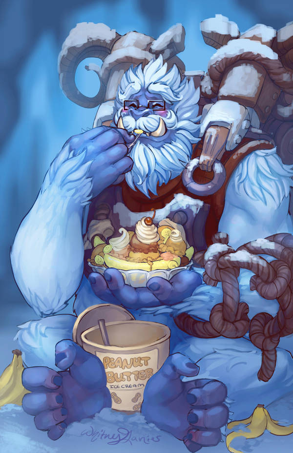 1boy alternate_costume artist_name banana_peel barefoot blush closed_eyes dreamer_whit eating fangs food furry glasses gorilla ice_cream overwatch peanut_butter sitting snow solo winston_(overwatch) yeti_winston