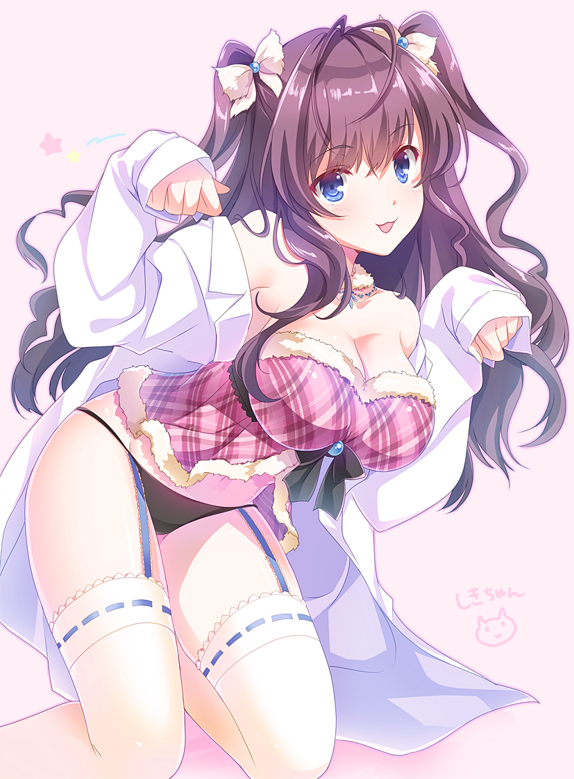 1girl :3 antenna_hair bangs bare_shoulders black_panties blue_eyes blush bow breasts brown_hair cleavage collarbone detached_collar eyebrows_visible_through_hair fur_collar fur_trim garter_straps hair_between_eyes hair_bow hands_up ichinose_shiki idolmaster idolmaster_cinderella_girls jewelry labcoat lace lace-trimmed_thighhighs large_breasts long_hair long_sleeves looking_at_viewer necklace off_shoulder open_mouth panties paw_pose ribbon-trimmed_legwear ribbon_trim satou_satoru simple_background sleeves_past_wrists smile solo thigh-highs two_side_up underwear wavy_hair white_legwear