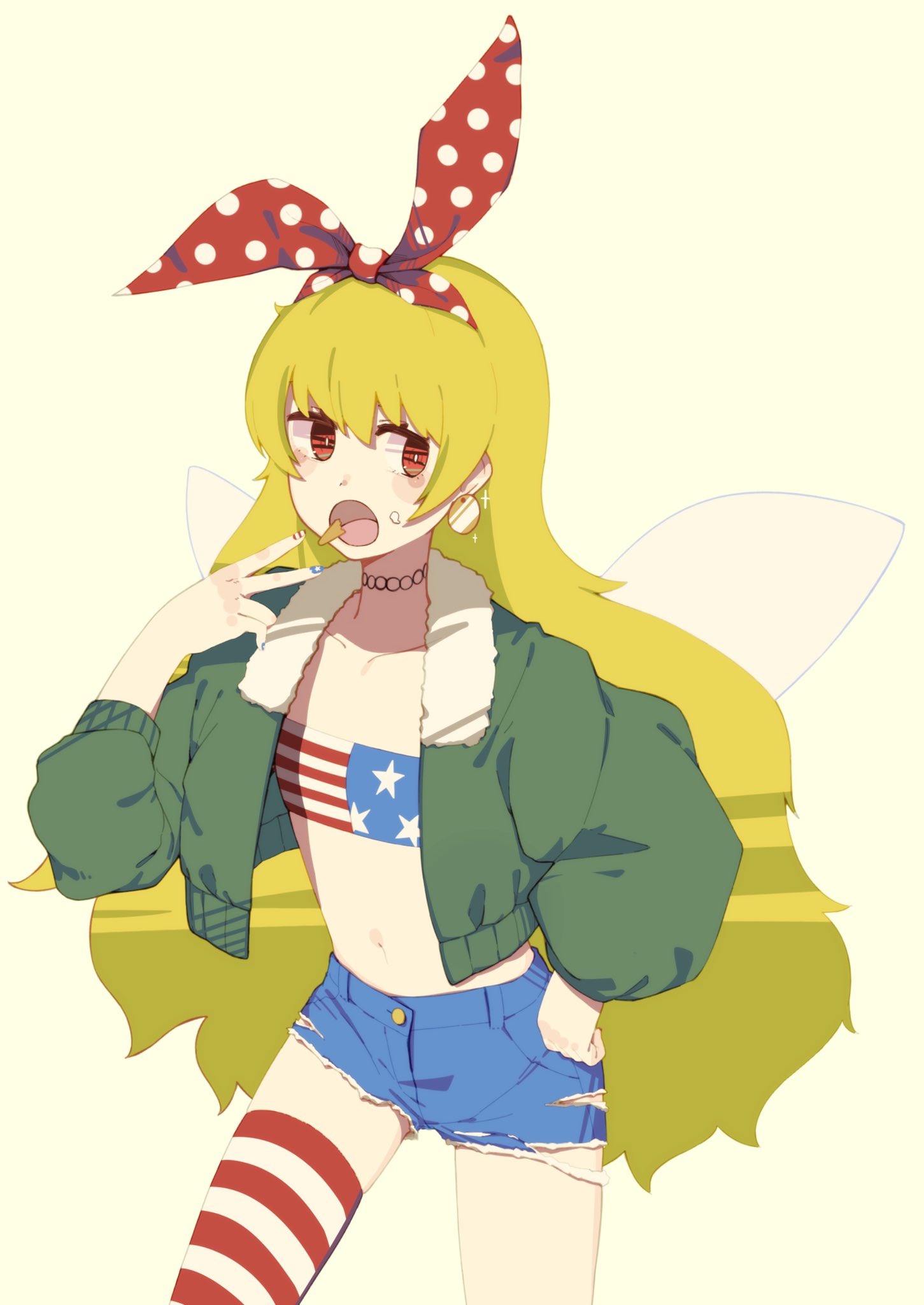 1girl ai_ken american_flag american_flag_legwear bandeau blonde_hair blue_bandeau blue_shorts bow casual chips clownpiece collarbone commentary_request ear_piercing eating fairy_wings flat_chest food green_jacket hand_on_hip highres jacket long_hair looking_away looking_to_the_side midriff nail_polish navel open_mouth piercing polka_dot polka_dot_bow red_bandeau red_bow red_eyes red_legwear shorts simple_background single_thighhigh solo star star_print striped striped_bandeau striped_legwear thigh-highs torn_clothes torn_shorts touhou wings yellow_background