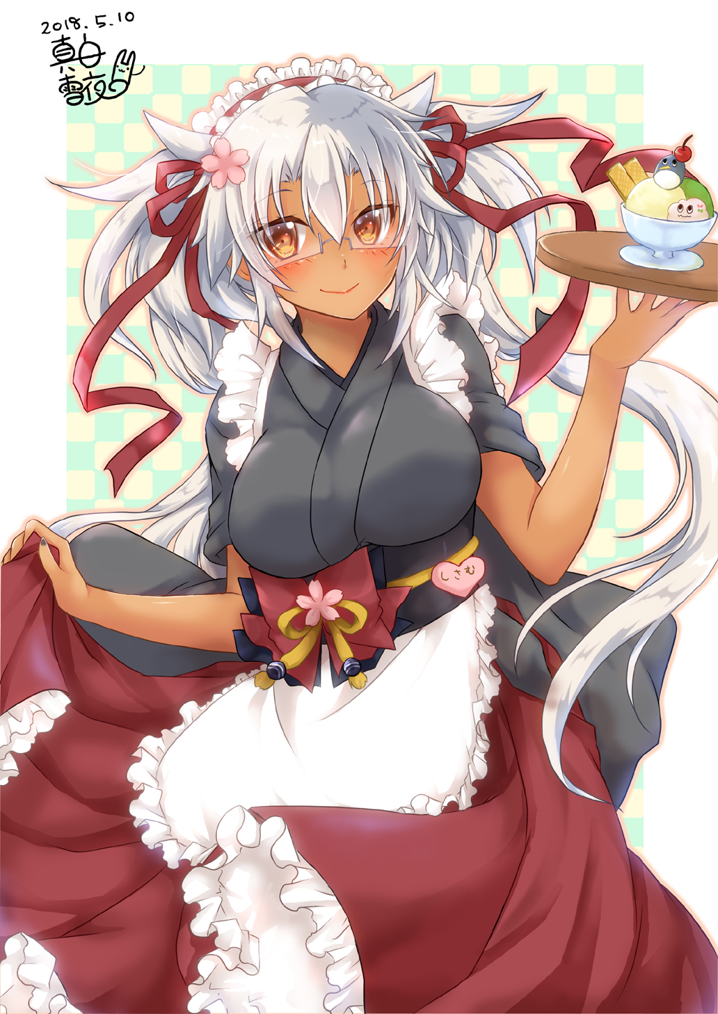 0yukiya0 1girl apron bangs blush border breasts checkered checkered_background cherry closed_mouth commentary_request dark_skin flower food frilled_apron frills fruit glasses grey_kimono grey_nails hair_flower hair_ornament hair_ribbon hands_up highres ice_cream kantai_collection large_breasts long_hair looking_at_viewer musashi_(kantai_collection) nail_polish obi orange_eyes outside_border rectangular_eyewear red_ribbon ribbon sash semi-rimless_eyewear smile solo sundae tray tsurime wafer_stick waist_apron waitress white_apron white_border white_hair