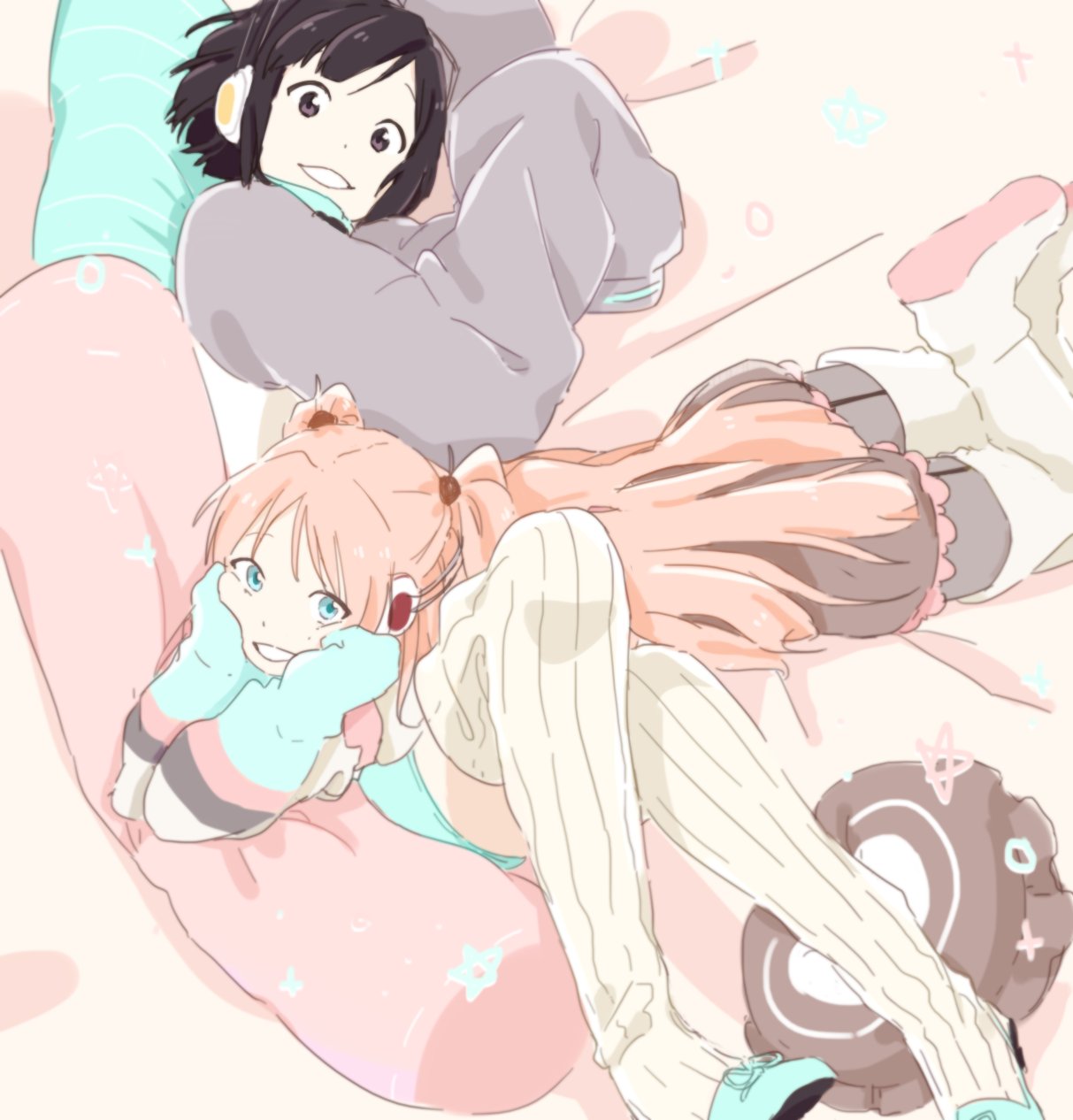 2girls aqua_footwear black_hair blue_eyes bob_cut boots brown_eyes highres hood hoodie looking_at_viewer multiple_girls on_bed oversized_clothes parted_lips pillow pink_eyes ribbed_legwear shoes smile tod-mugi tone_rion tone_rion_(vocaloid4) vocaloid yumemi_nemu_(vocaloid)