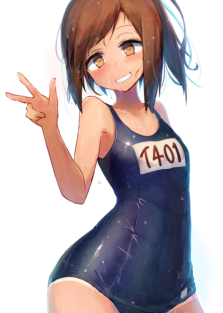 1girl beize_(garbage) black_swimsuit blush brown_eyes brown_hair collarbone grin i-401_(kantai_collection) kantai_collection name_tag old_school_swimsuit ponytail school_swimsuit short_hair simple_background smile solo swimsuit tan tanline v wet wet_clothes wet_swimsuit white_background