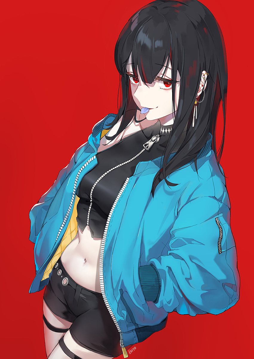 1girl artist_name bangs bare_shoulders black black_hair black_shirt black_shorts blue_coat blue_jacket blush breasts coat collarbone commentary_request crop_top dutch_angle ear_piercing earrings eyebrows_visible_through_hair hair_between_eyes hands_in_pockets highres jacket jewelry long_hair long_sleeves looking_at_viewer medium_breasts midriff mouth_hold multicolored_hair navel open_clothes open_coat open_jacket original petals piercing red_background red_eyes redhead shirt short_shorts shorts simple_background small_breasts smile solo star star_earrings stomach streaked_hair thigh_strap unzipped yumaomi zipper zipper_pull_tab