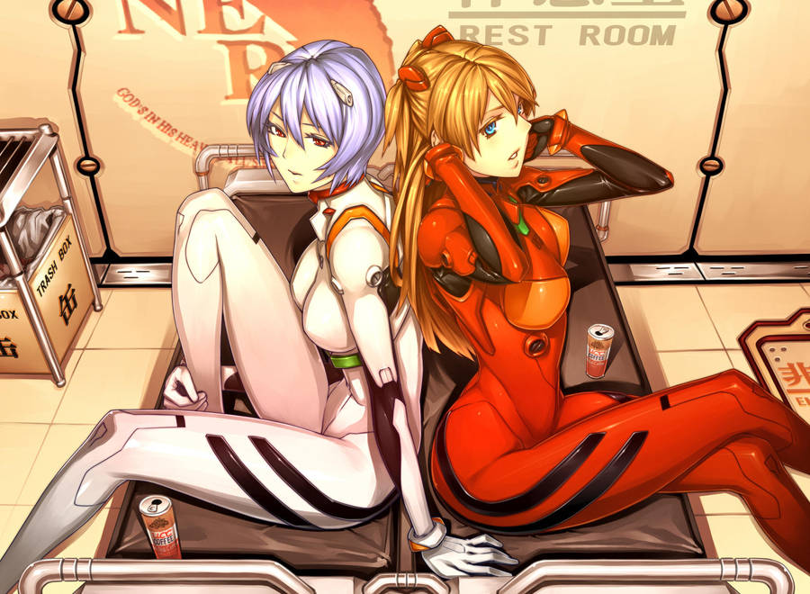 23_(real_xxiii) 2girls adjusting_hair ayanami_rei blue_eyes bodysuit bracer commentary cushion english_commentary from_side holding_leg indoors legs_crossed looking_at_viewer multicolored multicolored_bodysuit multicolored_clothes multiple_girls neon_genesis_evangelion one_knee orange_hair pale_skin pilot_suit plugsuit purple_hair red_bodysuit red_eyes short_hair sitting skin_tight souryuu_asuka_langley trash trash_can two_side_up white_bodysuit