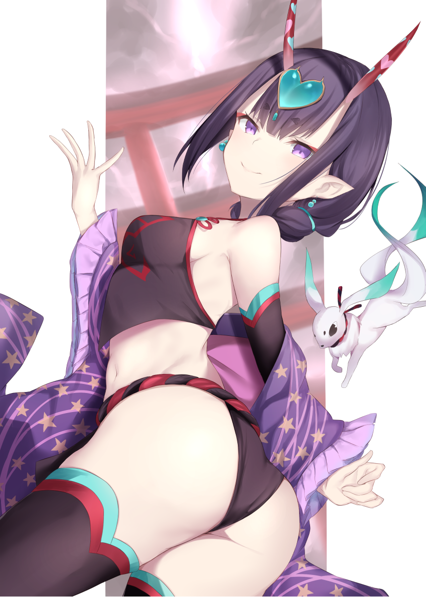 1girl ass bangs black_hair black_legwear breasts commentary_request cowboy_shot creature dudou earrings eyebrows_visible_through_hair fate/grand_order fate_(series) fundoshi hair_ornament hair_ribbon heart heart_hair_ornament horns japanese_clothes jewelry looking_at_viewer looking_back maosame medium_breasts navel oni oni_horns pointy_ears ribbon short_hair shuten_douji_(fate/grand_order) shuten_douji_(halloween)_(fate) smile solo standing star star_print thigh-highs torii twisted_torso violet_eyes