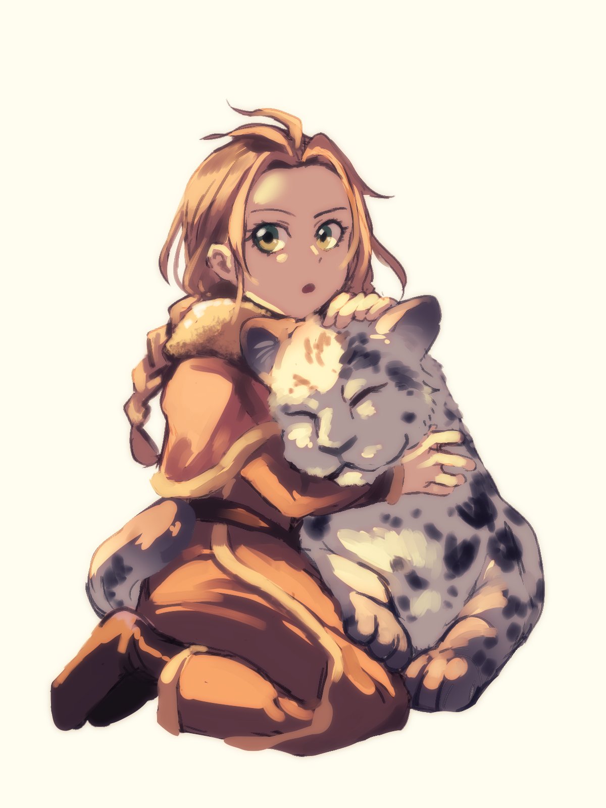 1girl animal blonde_hair braid braided_ponytail brown_hair dress fur_trim gloves h'aanit_(octopath_traveler) highres jewelry linde_(octopath_traveler) long_hair octopath_traveler open_mouth ponytail simple_background single_braid smile snow_leopard st_beans_lal younger