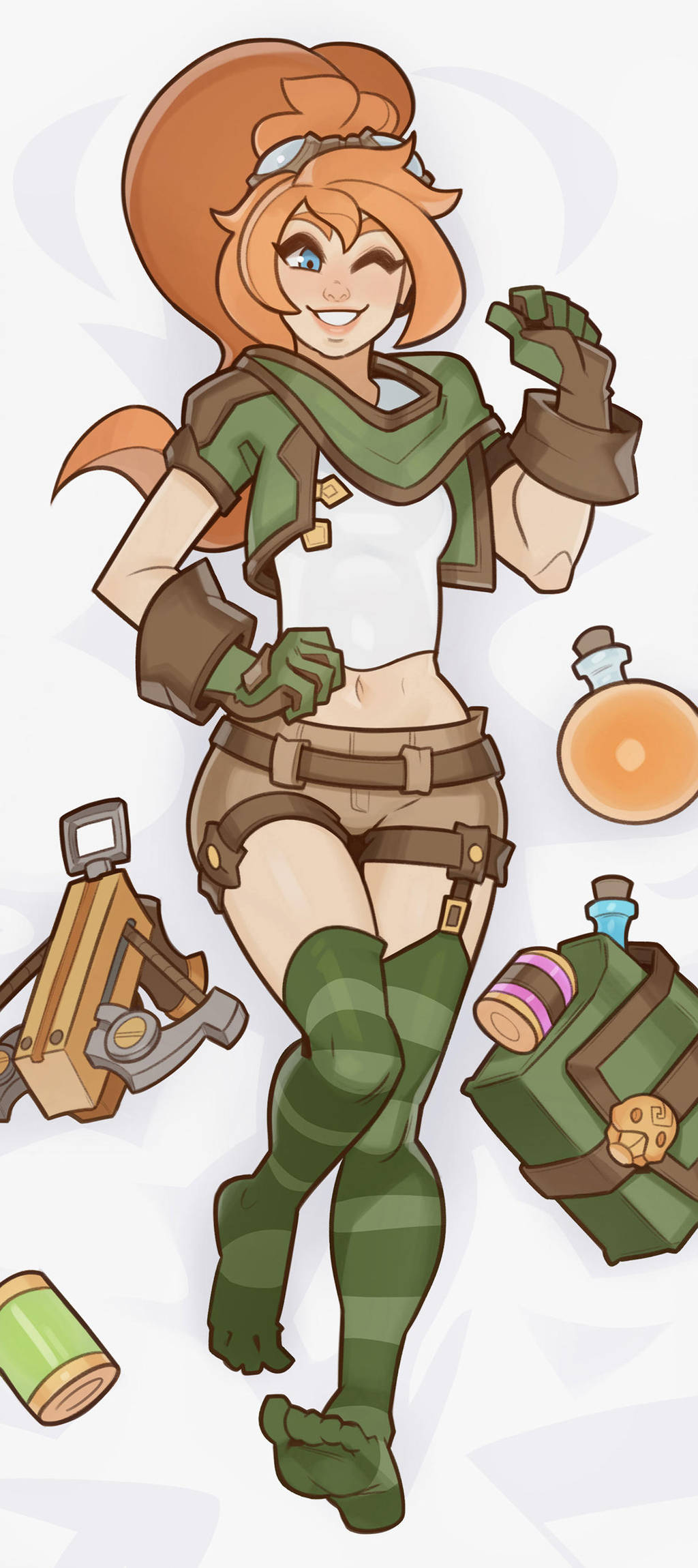 1girl bag battlerite blue_eyes bow_(weapon) crossbow dakimakura gloves goggles goggles_on_head highres long_hair lucie_(battlerite) midriff navel no_shoes one_eye_closed orange_hair ponytail potion solo splashbrush teeth thigh-highs weapon