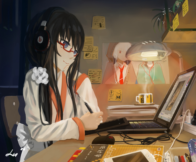 1girl beats_by_dr._dre black_hair blue_eyes book cable cellphone chair charger computer desk drawing drawing_tablet drink electric_plug figure flower_pot fluorescent_lamp glasses hand_on_own_face hatsune_miku lamp laptop long_hair lu" mouse_(computer) on_desk original painttool_sai paper pen phone plant poster red-framed_eyewear robe scrunchie self-portrait signature sitting smartphone smile solo steam sticky_note thinkpad windows_7