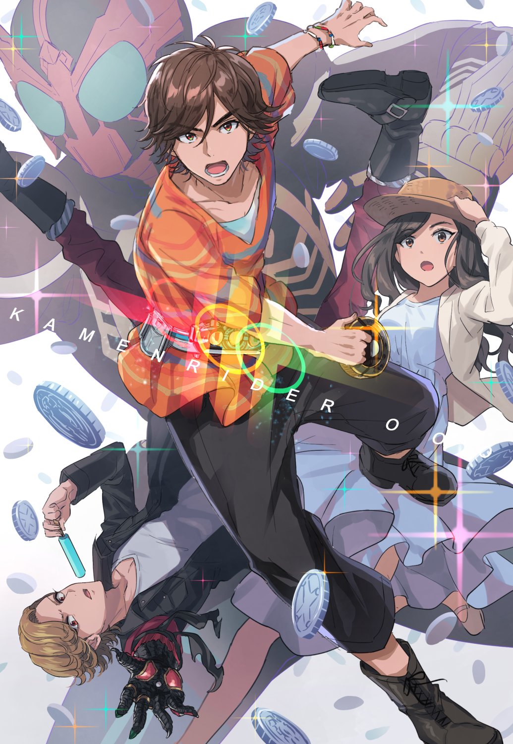 1girl 2boys ankh_(ooo) blonde_hair boots brown_hair cell_medal coin copyright_name core_medal dress food hat henshin highres hino_eiji izumi_hina jacket kamen_rider kamen_rider_ooo kamen_rider_ooo_(series) multiple_boys popsicle rider_belt shinonoko_(tubamecider) sparkle straw_hat