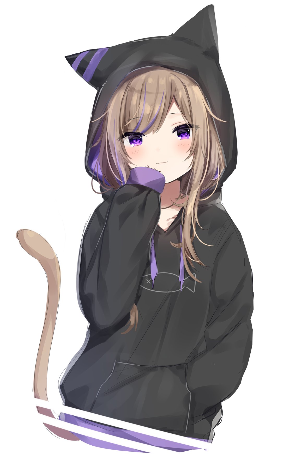 1girl animal_ears animal_hood bangs black_hoodie blush brown_hair cat_ears cat_girl cat_hood cat_tail closed_mouth commentary drawstring eyebrows_visible_through_hair hand_in_pocket hand_up head_tilt highres hood hood_up hoodie long_hair long_sleeves mafuyu_(chibi21) multicolored_hair original purple_hair simple_background sleeves_past_wrists smile solo streaked_hair symbol_commentary tail tail_raised upper_body violet_eyes white_background