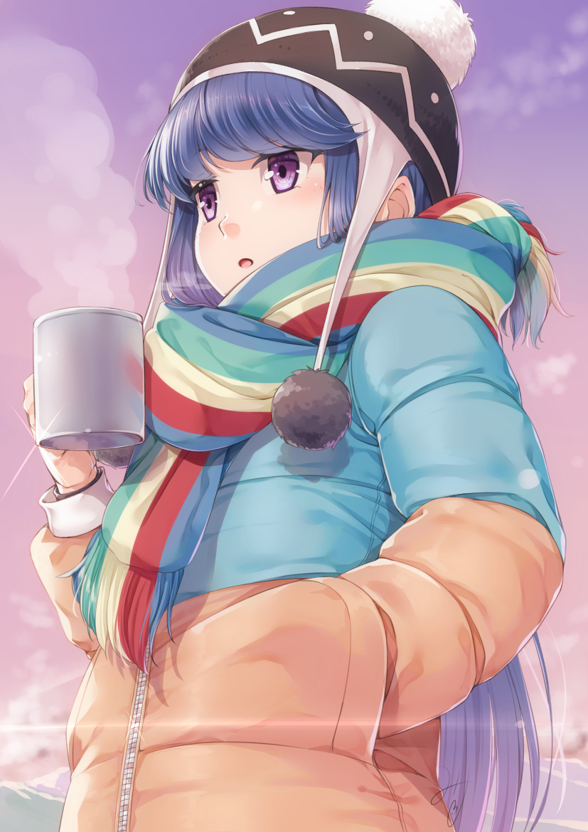 1girl :o beanie black_hat blue_hair blush coat commentary_request cup enpera fringe_trim from_below glint gradient_sky hand_in_pocket hat holding holding_cup lens_flare long_hair long_sleeves miri_(ago550421) mug multicolored multicolored_clothes multicolored_scarf open_mouth outdoors pom_pom_(clothes) scarf shima_rin signature sky solo steam striped striped_scarf sunlight upper_body very_long_hair violet_eyes winter_clothes winter_coat yurucamp zipper