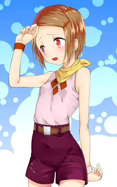 1girl ascot belt blue_background brown_hair casual diamond_(shape) digimon digimon_adventure_02 hair_ornament hairclip hand_on_forehead minamikuru pink_shirt purple_shorts red_eyes shirt short_hair shorts sleeveless sleeveless_shirt sweatdrop wristband yagami_hikari yellow_neckwear