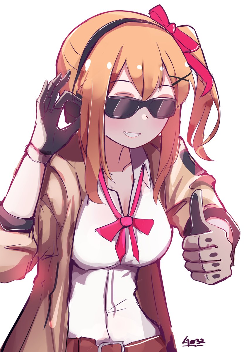 1girl eyebrows_visible_through_hair food fruit girls_frontline gloves grin hairband highres jacket kalina_(girls_frontline) orange signature smile solo sunglasses teeth tegar32 thumbs_up