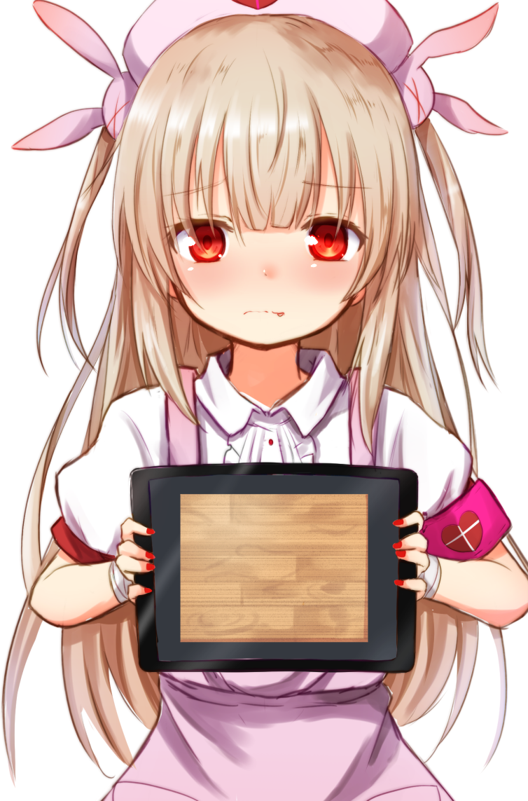 &gt;_&lt; 1girl apron armband bangs baram blush bunny_hair_ornament center_frills collared_shirt cutting_board eyebrows_visible_through_hair fingernails frills hair_between_eyes hair_ornament hat heart holding light_brown_hair long_hair looking_at_viewer nail_polish natori_sana nose_blush nurse_cap pink_apron pink_hat puffy_short_sleeves puffy_sleeves red_eyes red_nails sana_channel shirt short_sleeves simple_background solo tablet tablet_pc two_side_up very_long_hair virtual_youtuber white_background white_shirt