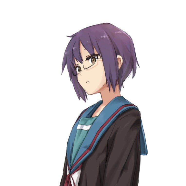 1girl brown_eyes closed_mouth commentary_request glasses long_sleeves mp26player nagato_yuki purple_hair sailor_collar school_uniform serafuku short_hair simple_background solo suzumiya_haruhi_no_yuuutsu upper_body white_background