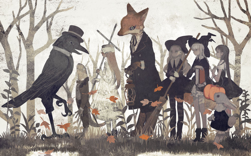 4girls animal ankle_boots autumn autumn_leaves bare_tree bird black_dress blindfold blonde_hair book boots bow bowtie broom brown_hair clothed_animal coat crow dress forest formal fox from_side furry grass halloween hat holding holding_book holding_broom holding_cross lantern lizard long_hair long_sleeves looking_at_another multiple_girls muted_color nature neck_ribbon original outdoors pantyhose profile pumpkin rabbit ribbon rt0no sepia short_sleeves standing striped striped_legwear tree white_dress witch_hat