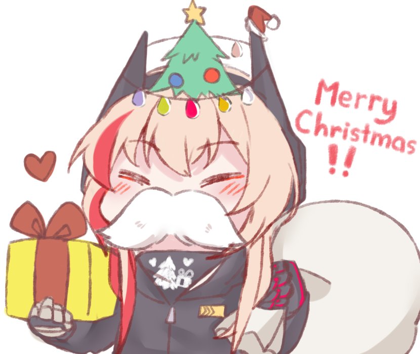 1girl bandanna box christmas christmas_tree closed_eyes commentary english_commentary fake_facial_hair fake_mustache gift gift_box girls_frontline gloves hair_ornament m4_sopmod_ii_(girls_frontline) pink_hair sack smile solo yuutama2804