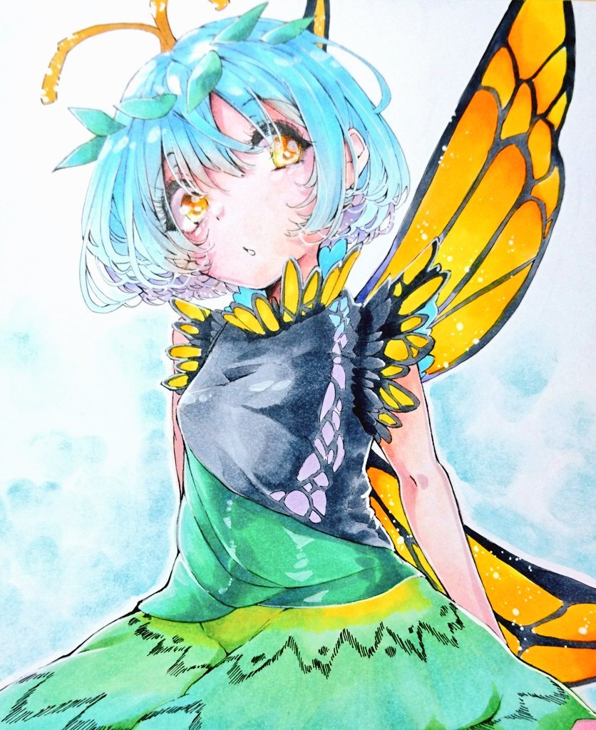 1girl antennae aqua_hair bad_id bad_twitter_id butterfly_wings dress eternity_larva eyebrows_visible_through_hair fairy green_dress hair_between_eyes leaf leaf_on_head multicolored_clothes multicolored_dress open_mouth shisakugata short_hair short_sleeves single_strap solo third-party_source touhou traditional_media wings yellow_eyes