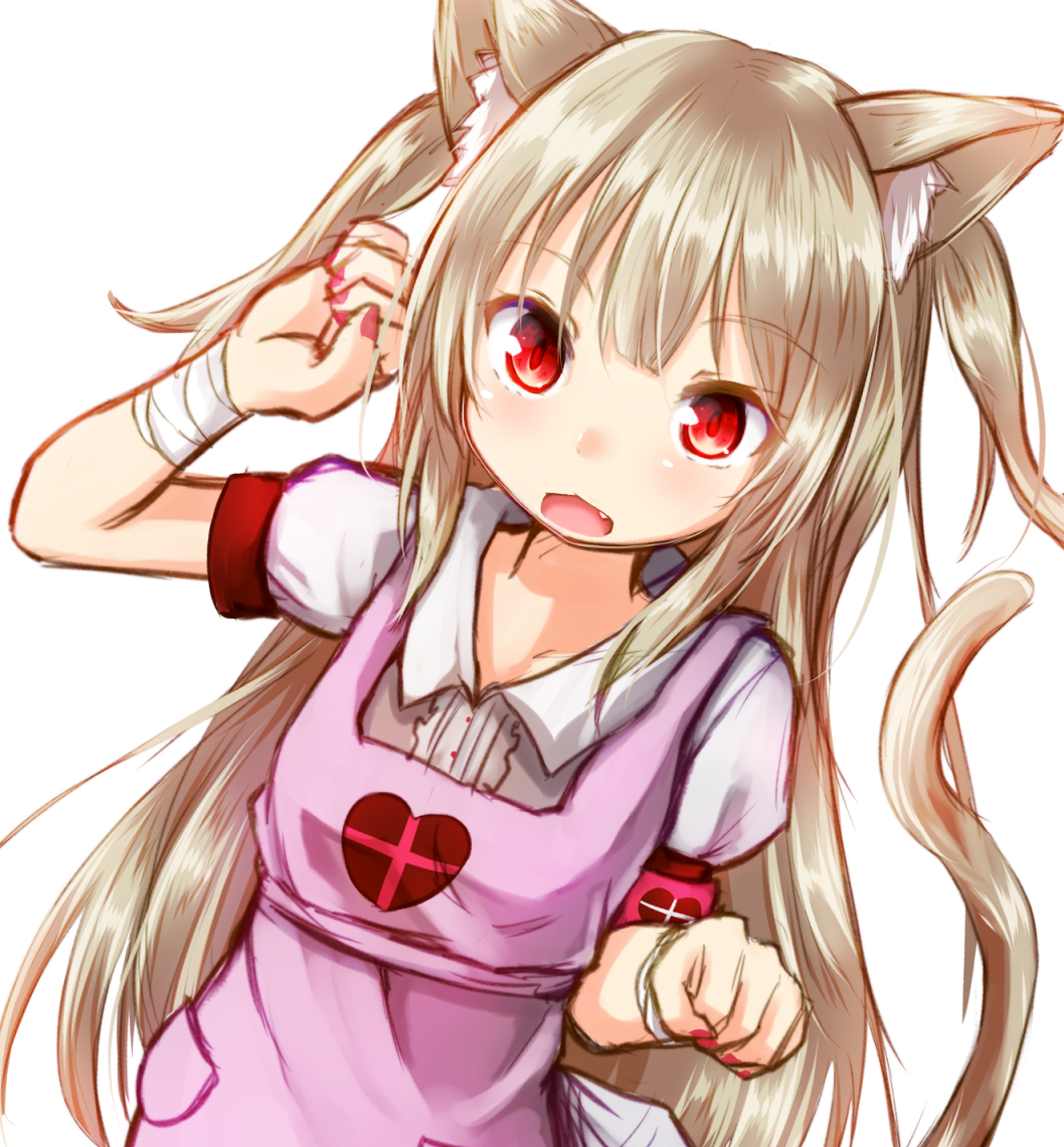 1girl animal_ear_fluff animal_ears apron arm_up armband bandage bandaged_arm bandages baram blush cat_ears cat_girl cat_tail collared_shirt dutch_angle fang fingernails heart kemonomimi_mode light_brown_hair long_hair looking_at_viewer nail_polish natori_sana open_mouth pink_apron puffy_short_sleeves puffy_sleeves red_eyes red_nails sana_channel shirt short_sleeves simple_background skirt solo tail tail_raised two_side_up very_long_hair virtual_youtuber white_background white_shirt white_skirt
