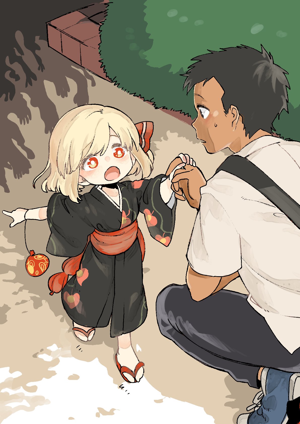 1boy 1girl :o alternate_costume bag black_eyes black_hair black_kimono black_pants blonde_hair blue_footwear bright_pupils child commentary_request hair_ribbon hand_grab highres japanese_clothes kimono kinchaku kinnkonnsousai long_sleeves obi open_mouth pants pointing pouch red_eyes red_ribbon ribbon rumia sandals sash shirt shoes short_hair shoulder_bag size_difference squatting sweatdrop touhou white_shirt