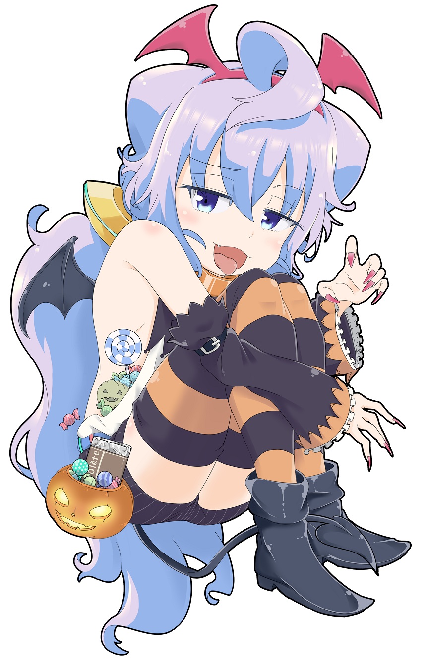 1boy ahoge demon_tail gingnang69 hacka_doll hacka_doll_3 halloween highres long_hair male_focus otoko_no_ko solo striped striped_legwear tail thigh-highs thighs wing_hair_ornament