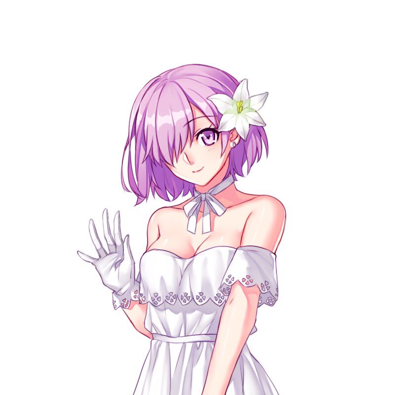 1girl arm_strap breasts choker cleavage collarbone dress eyebrows_visible_through_hair fate/grand_order fate_(series) female flower gloves hair_flower hair_ornament hair_over_one_eye looking_at_viewer mash_kyrielight medium_breasts pink_hair ribbon ribbon_choker short_hair simple_background smile solo strapless strapless_dress type-moon upper_body violet_eyes white_background white_dress white_flower white_gloves white_ribbon yaoshi_jun