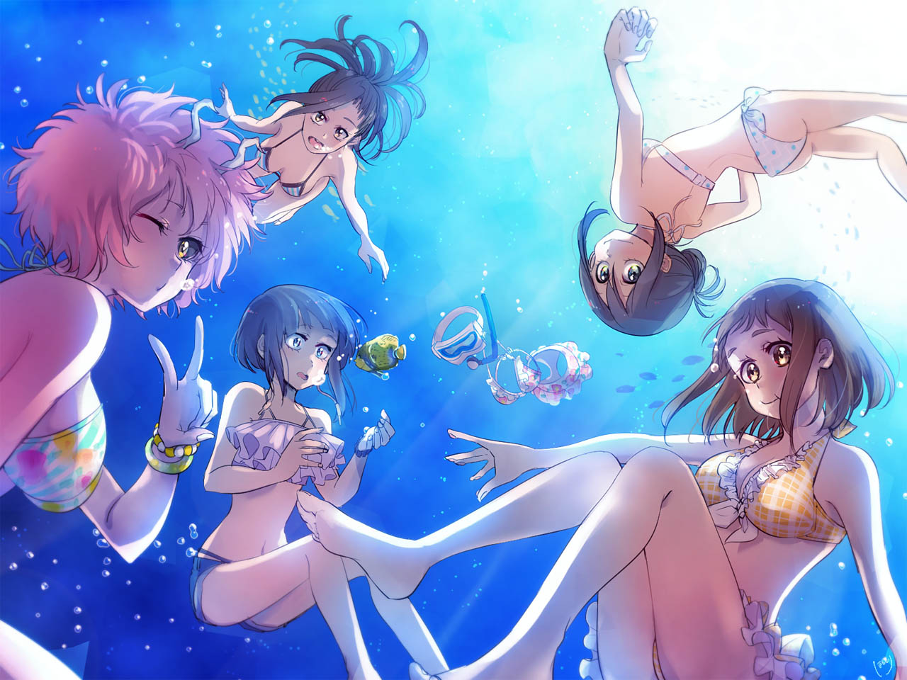 6+girls ashido_mina asui_tsuyu black_hair blue_eyes boku_no_hero_academia bracelet brown_hair bubble fish green_eyes hagakure_tooru horns hoshimori invisible jewelry jirou_kyouka multiple_girls pink_hair pink_skin snorkel swimsuit underwater uraraka_ochako yaoyorozu_momo yellow_eyes