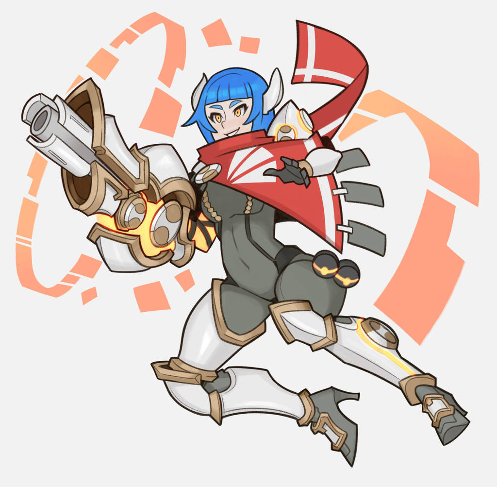 1girl armored_boots battlerite blue_hair bodysuit boots cannon cape covered_navel destiny_(battlerite) grey_background hair_ornament solo splashbrush teeth yellow_eyes