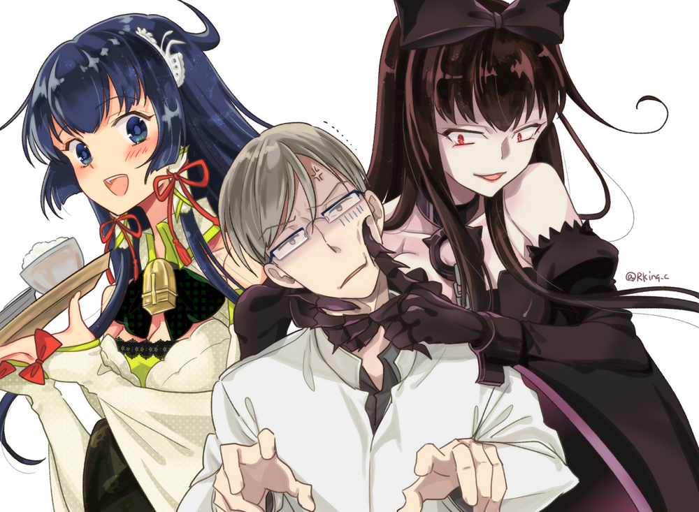 1boy 2girls admiral_(kantai_collection) ahoge anger_vein annoyed bare_shoulders black_bow black_hair blue_eyes blue_hair bow breasts cheek_poking claws cleavage collar comic dark_persona detached_sleeves gauntlets glasses hair_bow hair_tubes kantai_collection looking_at_another mizuho_(kantai_collection) multiple_girls over-rim_eyewear poking r-king red_bow red_eyes rice seaplane_tender_hime semi-rimless_eyewear shinkaisei-kan simple_background smile tray tsurime twitter_username white_background