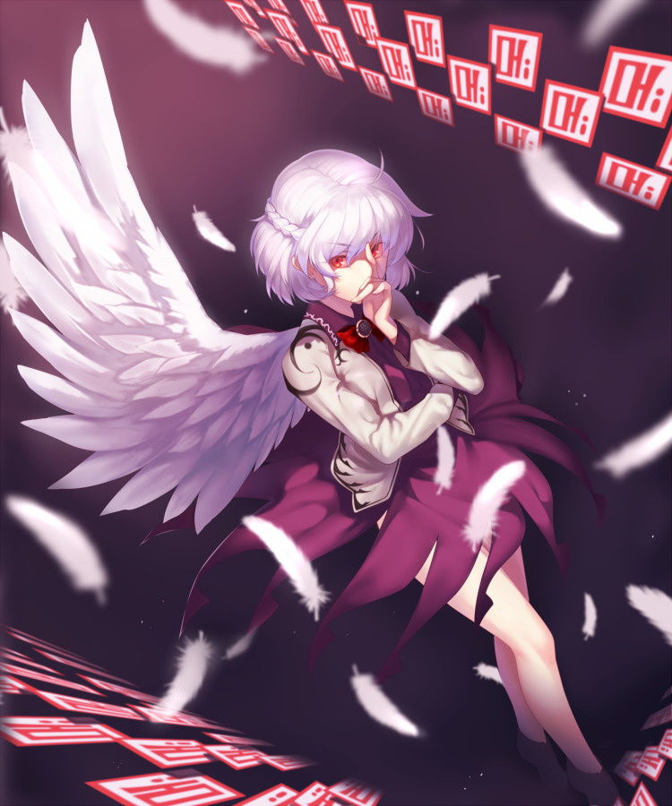 1girl bangs bare_legs bow bowtie braid covering_mouth dress dutch_angle eyebrows_visible_through_hair feathered_wings feathers french_braid full_body gradient gradient_background hair_between_eyes hand_on_own_face jacket kaiza_(rider000) kishin_sagume long_sleeves looking_at_viewer open_clothes open_jacket purple_background purple_dress red_bow red_eyes shoes short_dress short_hair silver_hair single_wing solo touhou white_jacket white_wings wind wind_lift wings