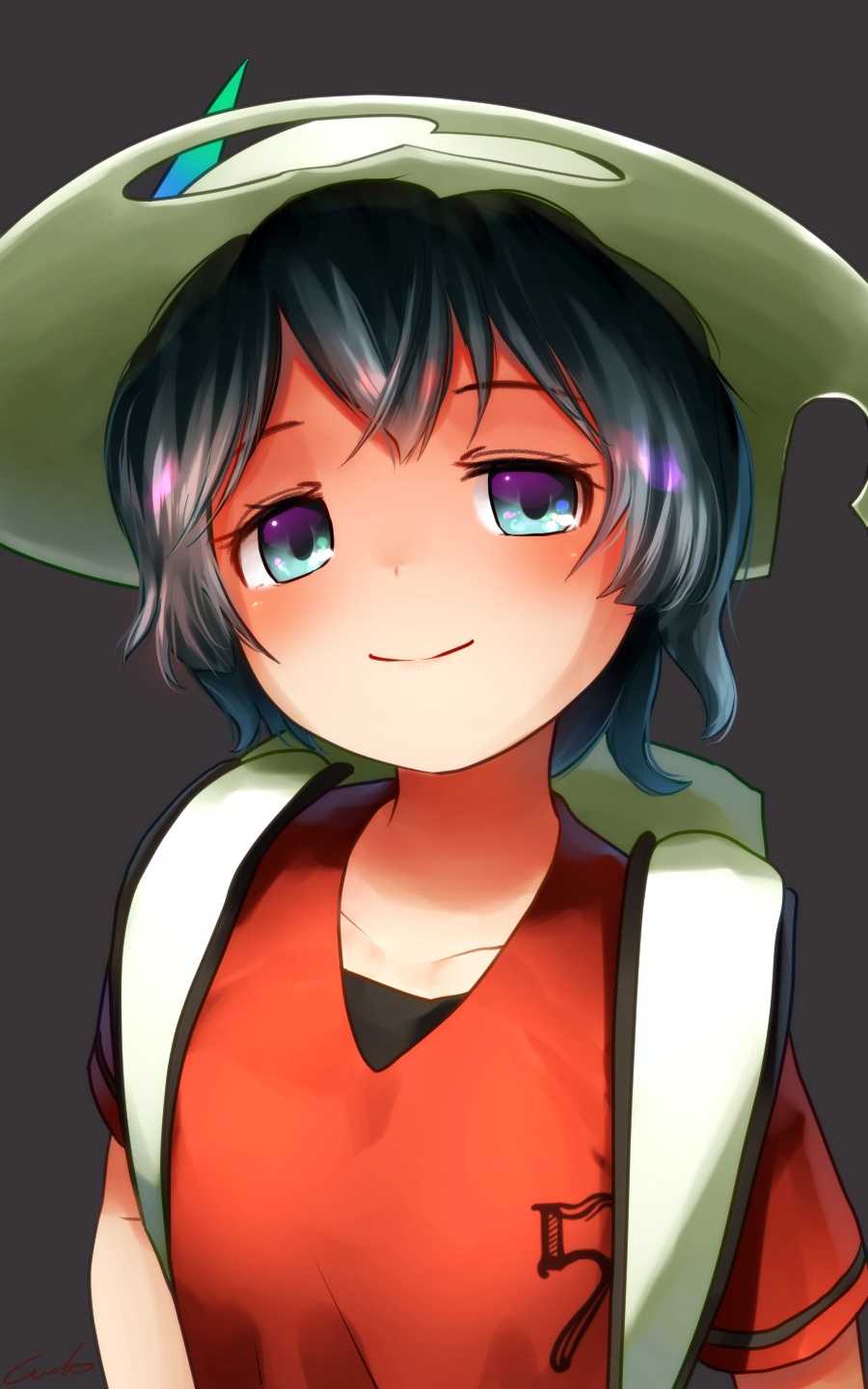 1girl backpack bag blue_eyes blue_hair commentary_request hat highres kaban_(kemono_friends) kemono_friends long_hair red_shirt shirt short_hair short_sleeves signature simple_background smile solo upper_body welt_(kinsei_koutenkyoku) white_hat