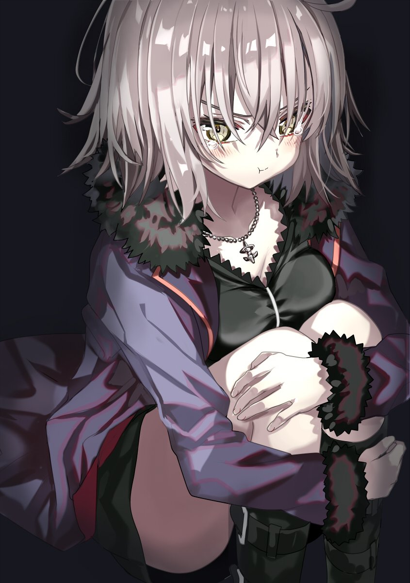 1girl :t bangs belt_boots black_background black_footwear black_shorts blush boots breasts chains fate/grand_order fate_(series) fingernails fur_trim highres jacket jeanne_d'arc_(alter)_(fate) jeanne_d'arc_(fate)_(all) jewelry knees_up leg_hug long_hair long_sleeves looking_at_viewer medium_breasts necklace pout purple_jacket shino_(eefy) short_shorts shorts silver_hair simple_background solo tears yellow_eyes