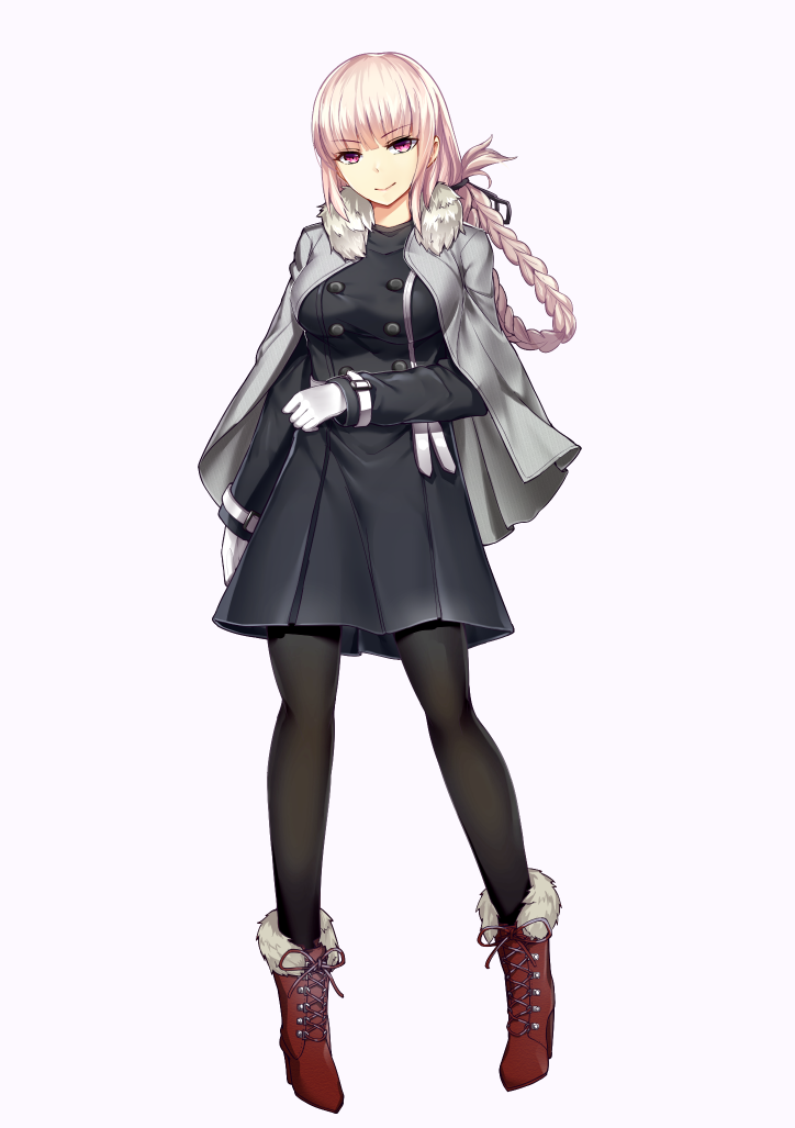 1girl alternate_costume arm_at_side bangs black_dress black_legwear black_ribbon blunt_bangs boots braid breasts buckle cape closed_mouth cross-laced_footwear double-breasted dress eyebrows_visible_through_hair fate/grand_order fate_(series) florence_nightingale_(fate/grand_order) full_body fur-trimmed_boots fur-trimmed_cape fur_trim grey_cape hair_ribbon high_heel_boots high_heels knee_boots lace-up_boots large_breasts long_hair long_sleeves pantyhose pink_eyes pink_hair red_footwear ribbon single_braid smile solo transparent_background uzuki_karasu very_long_hair