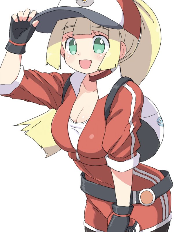 1girl backpack bag baseball_cap black_gloves blonde_hair breasts cleavage cosplay creatures_(company) female_protagonist_(pokemon_go) female_protagonist_(pokemon_go)_(cosplay) fingerless_gloves game_freak gloves green_eyes hand_on_headwear hat holding holding_poke_ball jacket lillie_(pokemon) long_hair medium_breasts naitou_kouse nintendo open_mouth poke_ball pokemon pokemon_(game) pokemon_go pokemon_sm ponytail short_sleeves simple_background solo white_background