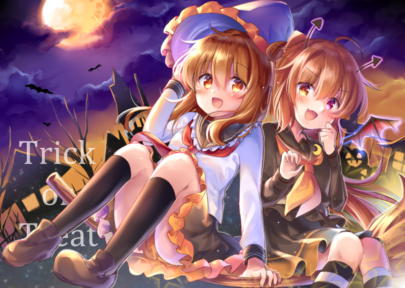 2girls adapted_costume anchor_symbol bat black_sailor_collar black_serafuku black_shirt black_skirt blush broom broom_riding brown_eyes brown_hair city clouds cloudy_sky crescent crescent_moon_pin demon_costume demon_tail demon_wings eyebrows_visible_through_hair folded_ponytail frilled_skirt frills full_moon fumizuki_(kantai_collection) hair_between_eyes halloween hat horns inazuma_(kantai_collection) jack-o'-lantern kantai_collection kneehighs long_hair long_sleeves megu_kaze moon multiple_girls neckerchief necktie night night_sky open_mouth orange_moon orange_neckwear outdoors ponytail red_neckwear sailor_collar school_uniform serafuku shirt silhouette skirt sky smile tail tree trick_or_treat wings witch witch_hat