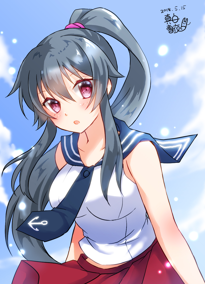 0yukiya0 1girl :o anchor_print bangs bare_arms bare_shoulders blue_sailor_collar blue_sky blush breasts character_request clouds cloudy_sky collar_up collarbone commentary_request dated day disconnected_mouth double_horizontal_stripe eyebrows_visible_through_hair eyes_visible_through_hair hair_between_eyes high_ponytail kantai_collection large_breasts long_hair looking_at_viewer necktie open_mouth outdoors print_neckwear sailor_collar sidelocks signature sky solo very_long_hair wind wind_lift yahagi_(kantai_collection)