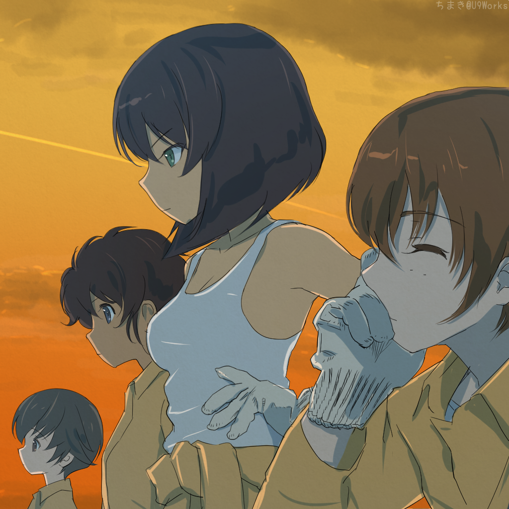 4girls akagi_(fmttps) artist_name bangs blue_eyes brown_eyes brown_hair chin_rest closed_eyes closed_mouth clouds cloudy_sky commentary condensation_trail dark_skin freckles from_side girls_und_panzer gloves green_eyes hand_on_hip hand_on_own_face hoshino_(girls_und_panzer) jumpsuit light_frown long_sleeves looking_to_the_side mechanic multiple_girls nakajima_(girls_und_panzer) orange_jumpsuit orange_sky outdoors shirt shirt_pull short_hair sky standing suzuki_(girls_und_panzer) tank_top tied_shirt tsuchiya_(girls_und_panzer) twilight uniform white_gloves white_shirt